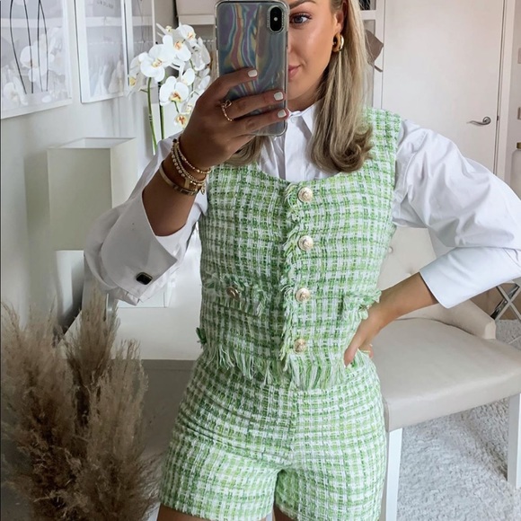 NWT Zara Green & White Tweed High Waisted Shorts - Picture 14 of 16